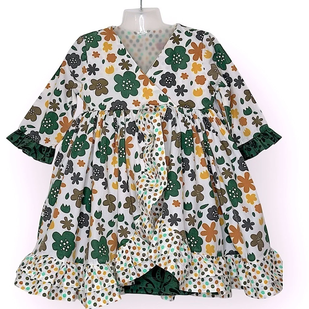 Jelly The Pug Green and Orange Floral Kids Dress (956)